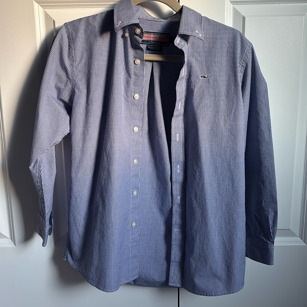 Blue and White Button-Up Gingham Long Sleeve Shirt